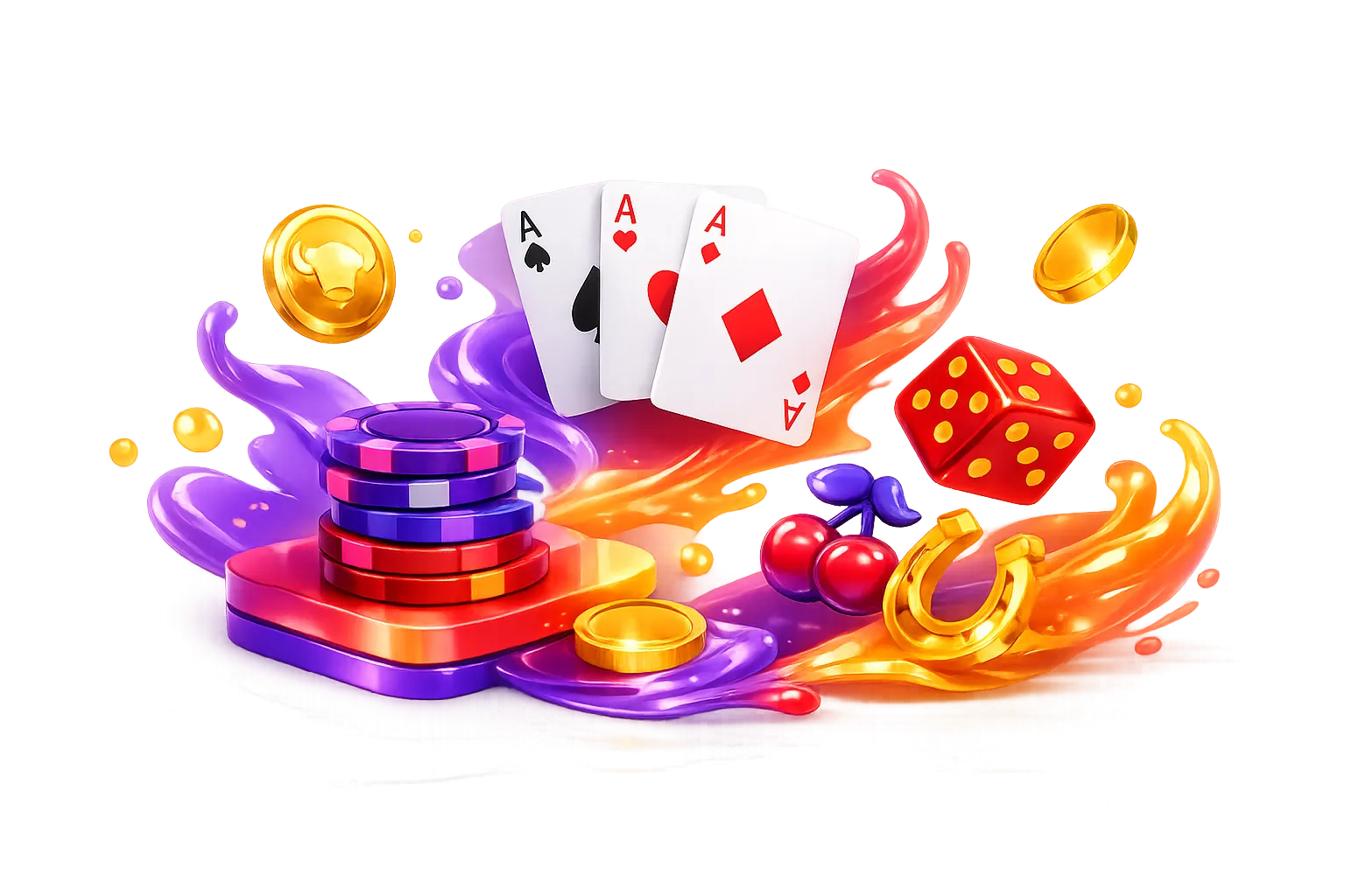 3D rendered glossy hero banner with floating gaming elements, stacked poker chips, playing cards, glowing gold coins, and liq